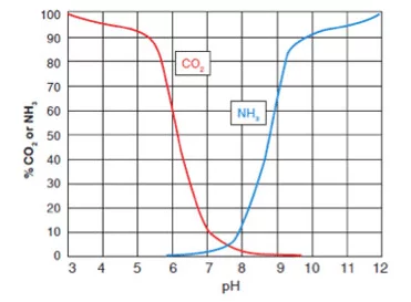 CO 2和pH相關，影響NH 3的毒性